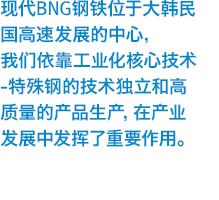 现代BNG钢铁位于大韩民国高速发展的中心，我们依靠工业化核心技术-特殊钢的技术独立和高质量的产品生产，在产业发展中发挥了重要作用。 