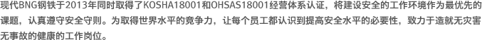 现代BNG钢铁于2013年同时取得了KOSHA18001和OHSAS18001经营体系认证，将建设安全的工作环境作为最优先的课题，认真遵守安全守则。为取得世界水平的竞争力，让每个员工都认识到提高安全水平的必要性，致力于造就无灾害无事故的健康的工作岗位。