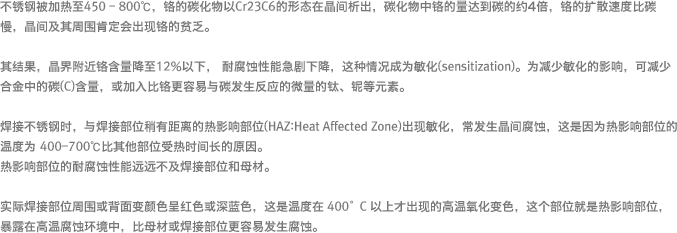 不锈钢被加热至450 - 800℃，铬的碳化物以Cr23C6的形态在晶间析出，碳化物中铬的量达到碳的约4倍，铬的扩散速度比碳慢，晶间及其周围肯定会出现铬的贫乏。 其结果，晶界附近铬含量降至12%以下， 耐腐蚀性能急剧下降，这种情况成为敏化(sensitization)。为减少敏化的影响，可减少合金中的碳(C)含量，或加入比铬更容易与碳发生反应的微量的钛、铌等元素。 焊接不锈钢时，与焊接部位稍有距离的热影响部位(HAZ:Heat Affected Zone)出现敏化，常发生晶间腐蚀，这是因为热影响部位的温度为 400-700℃比其他部位受热时间长的原因。 热影响部位的耐腐蚀性能远远不及焊接部位和母材。 实际焊接部位周围或背面变颜色呈红色或深蓝色，这是温度在 400°C 以上才出现的高温氧化变色，这个部位就是热影响部位，暴露在高温腐蚀环境中，比母材或焊接部位更容易发生腐蚀。 