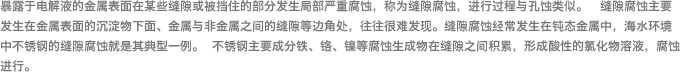 暴露于电解液的金属表面在某些缝隙或被挡住的部分发生局部严重腐蚀，称为缝隙腐蚀，进行过程与孔蚀类似。 缝隙腐蚀主要发生在金属表面的沉淀物下面、金属与非金属之间的缝隙等边角处，往往很难发现。缝隙腐蚀经常发生在钝态金属中，海水环境中不锈钢的缝隙腐蚀就是其典型一例。不锈钢主要成分铁、铬、镍等腐蚀生成物在缝隙之间积累，形成酸性的氯化物溶液，腐蚀进行。