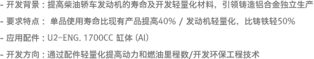 - 开发背景 : 提高柴油轿车发动机的寿命及开发轻量化材料，引领铸造铝合金独立生产 - 要求特点:  单品使用寿命比现有产品提高40% / 发动机轻量化，比铸铁轻50%- 应用配件 : U2-ENG. 1700CC 缸体 (Al)- 开发方向 : 通过配件轻量化提高动力和燃油里程数/开发环保工程技术