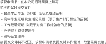 * 求职申请书 : 在本公司招聘网页上填写  * 初次面试时提交文件    - 最高学历毕业（预期）证明及成绩证明    - 高中毕业证明及生活记录薄（限于生产部门职位的招聘）    - 工作经验证明书(限于对有工作经验者的招聘)    - 外语能力成绩表原件    - 资格证复印件 ☞ 提交文件将不返还，求职申请书及提交材料作假时，取消录用资格。