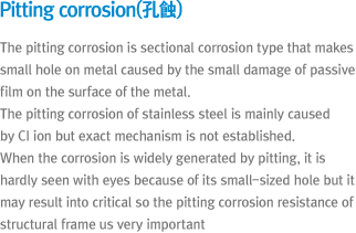 Pitting corrosion - The pitting corrosion is sectional corrosion type that makes small hole on metal caused by the small damage of passive film on the surface of the metal.The pitting corrosion of stainless steel is mainly caused by CI ion but exact mechanism is not established. When the corrosion is widely generated by pitting, it is hardly seen with eyes because of its small-sized hole but it may result into critical so the pitting corrosion resistance of structural frame us very important.
