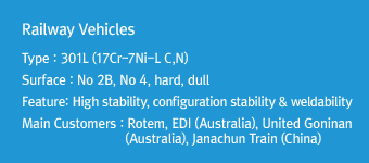 Railway VehiclesType : 301L (17Cr-7Ni-L C,N)Surface : No 2B, No 4, hard, dullFeature: High stability, configuration stability & weldabilityMain Customers : Rotem, EDI (Australia), United Goninan (Australia), Janachun Train (China)