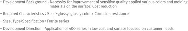 - Development Background Necessity for improvement of sensitive quality applied various colors and molding materials on the surface, Cost reduction- Required Characteristics : Semi-glossy, glossy color / Corrosion resistance- Steel Type/Specification : Ferrite series- Development Direction : Application of 400 series in low cost and surface focused on customer needs