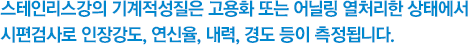 스테인리스강의 기계적성질은 고용화 또는 어닐링 열처리한 상태에서 시편검사로 인장강도, 연신율, 내력, 경도 등이 측정됩니다.