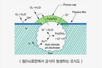 철(Fe)표면에서 공식이 발생하는 모식도