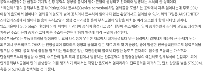 응력부식균열이란 환경과 기계적 인장 응력의 영향을 동시에 받아 균열이 생성되고 전파되어 발생하는 부식의 한 형태이다. 스테인리스강의 응력부식은 공식(pitting)이나 틈부식(crevice corrosion)처럼 염화물을 포함하는 용액에서 자주 일어나는데 주로 50℃ 이상의 온도에서 일어나며 염화물의 농도가 낮아 공식이나 틈부식이 일어나지 않는 환경에서도 일어날 수 있다. 위의 그림은 austenite계 스테인리스강에서 일어나는 응력 부식균열의 생성 전파과정을 응력 부식균열에 영향을 미치는 여러 요소들과 함께 나타낸 것이다. 염소이온이나 slip step의 형성에 의해 피막이 파괴되어 공식이 형성되고 공식내부에 수소이온의 양이 증가하면서 공식이 균열로 성장하며 계속된 수소이온의 증가와 그에 따른 수소이온환원 반응의 발생에 따라 균열이 성장한다.응력부식균열은 부동태피막을 형성하여 비교적 내식성이 우수한 재료에서 설계응력보다 낮은 응력에서 일어나기 때문에 큰 문제가 된다. 외부에서 구조적으로 가해지는 인장응력이 없더라도 성형과 용접과 같은 재료 제조 및 가공공정 중에 발생한 잔류응력만으로도 응력부식을 일으킬 수 있다. 응력 부식 균열을 일으키는 염화물은 일반 자연환경의 물에서 다양한 농도로 존재하며 염소를 포함하는 가스켓과 단열재료로부터 발생할 수 있다. 수도관의 경우 특히 용접에서 발생하는 잔류응력과 용접열영향부의 예민화로 입계부식에 민감하게 되어 입계응력부식균열이 많이 발생한다. 이를 방지하기 위해서는 적당한 온도에서 열처리하여 잔류응력을 제거하고, 탄소 함량을 낮춘 STS304L 혹은 STS316L을 선택하는 것이 좋다.