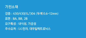 강종 : 430/304(두께 0.6~12mm)표면 : BA,BB,2B요구특성 : 내식성, 가공성주수요처 : LG전자, 대우일렉트로닉스