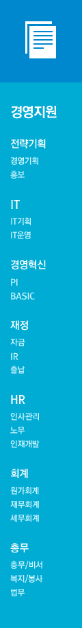 [경영지원] 전략기획 : 경영기획, 홍보IT : IT기획, IT운영경영혁신 : PI, BASIC재정 : 자금, IR, 출납HR : 인사관리, 노무, 인재개발경리 : 원가회계, 재무회계, 세무회계총무 : 총무/비서, 복지/봉사, 법무